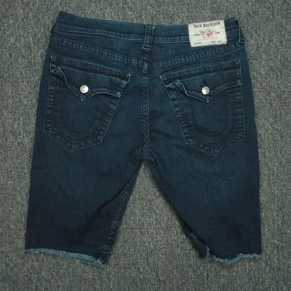 True Religion Shorts Mens 36 Blue Ricky Relaxed Straight Flaps Cut Off Dark Wash